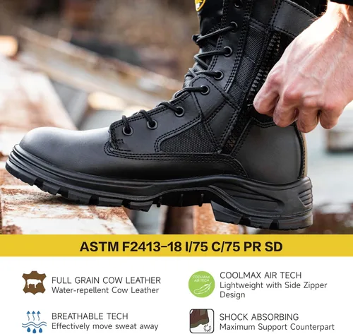 Vista 7 de Botas tácticas militares para hombre de 8 pulgadas con punta de acero, botas de seguridad para el trabajo con cremallera lateral, botas de combate