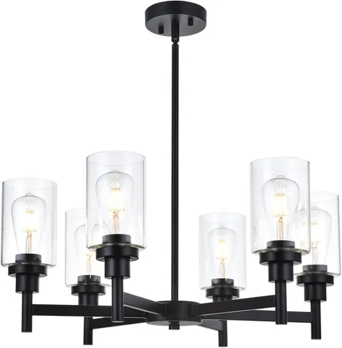 Vista 12 de Lámpara de araña de cristal de 4 luces estilo granja, negra, para cocina, iluminación colgante con cilindro de cristal transparente para comedor