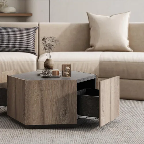 Vista 3 de Mesa de centro de madera de 31.82 pulgadas con almacenamiento, mesas de centro modernas de mediados de siglo con cajón, mesa auxiliar rústica