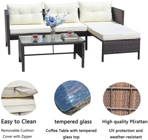 Vista 4 de Sofá al aire libre, juego de muebles de mimbre de ratán de 3 piezas con cojines beige, muebles de porche duraderos para balcón