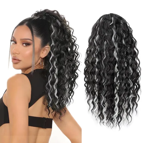 Vista 24 de FREEMEIGE Extensión de cola de caballo, cola de caballo rizada ondulada de 8 pulgadas para mujeres negras, corto, suave, natural, sintético, grueso