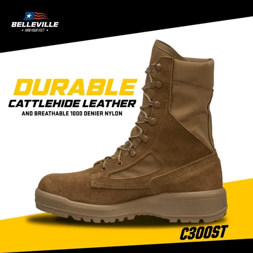 Vista 3 de Belleville C300 ST - Botas de combate con punta de acero para clima caliente de 8 pulgadas para hombres, botas de cuero de ganado marrón coyote