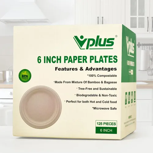 Vista 8 de Vplus Paquete de 125 platos de papel de 6 pulgadas, 100% compostables, platos de papel desechables de alta resistencia, bagazo, natural