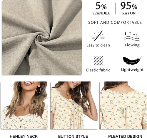 Vista 5 de POPYOUNG Women's Summer Tops Short Sleeve Tunic Loose Fitting Henley Shirts Button Down Blouses