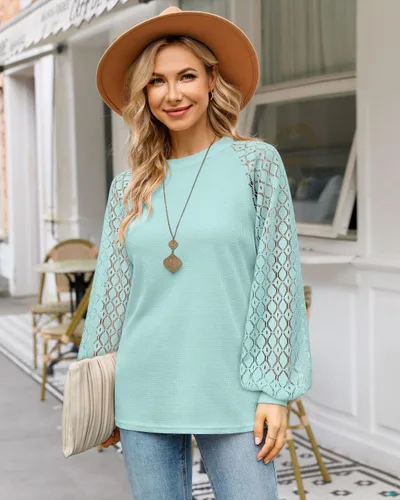 Vista 5 de MIHOLL - Camisa de encaje de manga larga para mujer, estilo informal, corte suelto