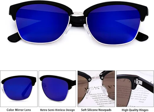 Vista 2 de SEEKASTRO Lentes de sol retro de moda semi sin montura para hombres y mujeres, ligeros, revestimiento de protección UV, lente espejada, marco mixto