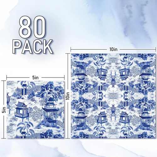 Vista 2 de 80 servilletas de papel desechables de cóctel toscano, servilletas de papel azul y blanco para bebidas para el hogar, fiesta, suministros de mesa