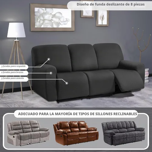 Vista 2 de ULTICOR Fundas para sofá reclinable de 8 piezas con diseño de jacquard cuadrado, fundas elásticas para sofá reclinable de 3 cojines, gruesas, suaves