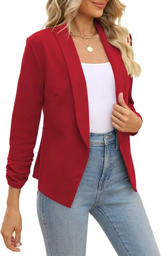 Vista 4 de POGTMM - Blazer de manga de 34 para mujer, con parte delantera abierta, chaqueta estilo cárdigan para uso en el trabajo o la oficina