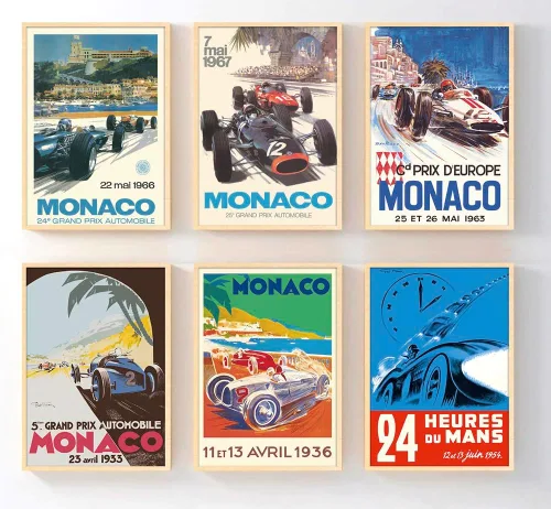 Vista 2 de Juego de 6 pósteres de carreras de autos vintage, sin marco, arte de pared clásico de carreras de automóviles por Géo Ham, Turner, Beligond