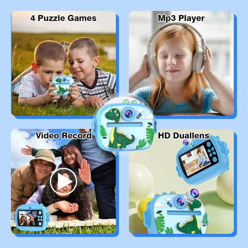 Vista 4 de Cámara para niños con impresión instantánea, cámaras duales delanteras y traseras, juguete digital de viaje portátil, cumpleaños para niñas y niños
