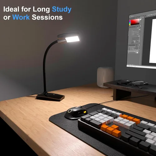 Vista 9 de Lámpara de escritorio LED de 3 brillos regulables para el cuidado de los ojos, lámpara de mesa negra, cuello de cisne flexible, luz de escritorio