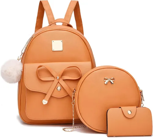 Vista 9 de I IHAYNER Mochila de cuero de moda de 3 piezas con lazo para niñas, mochila, bolso para mujer, mochila para damas, bolsa de hombro Beige
