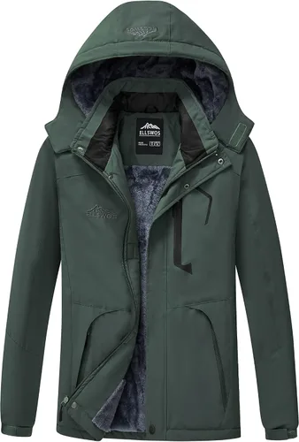 Vista 7 de ELLSWOS Chaqueta de esquí impermeable para hombre, abrigo de nieve de invierno, impermeable cálido con capucha, cortavientos Marrón
