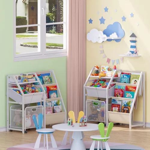 Vista 9 de Estantería para niños y organizador de almacenamiento de juguetes, estante de 3 niveles para habitaciones de niños con cajón móvil, estantería