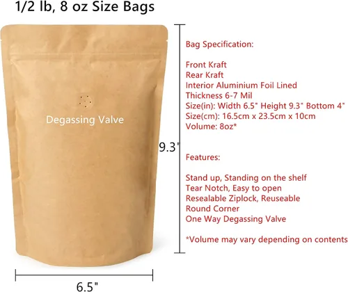 Vista 2 de Bolsas de café con cierre de cremallera de papel kraft natural, alta barrera con válvula unidireccional y cremallera resellable, 8 onzas