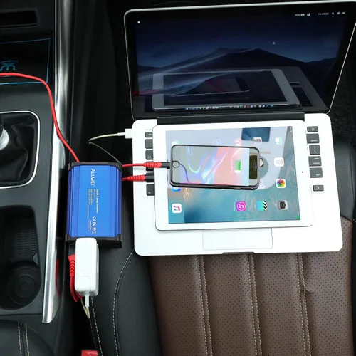 Vista 7 de ALLWEI Inversor de coche de 300 W con puerto USB 3.0 USB-C de 65 W - CC 12 V a 110 V (rojo y azul)