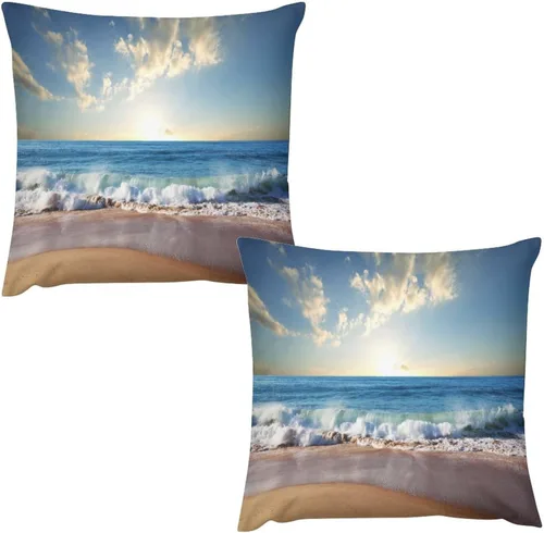 Vista 10 de Juego de 2 fundas de almohada con diseño escénico del océano tropical, fundas de almohada para sofá, fundas de almohada de poliéster para sofá
