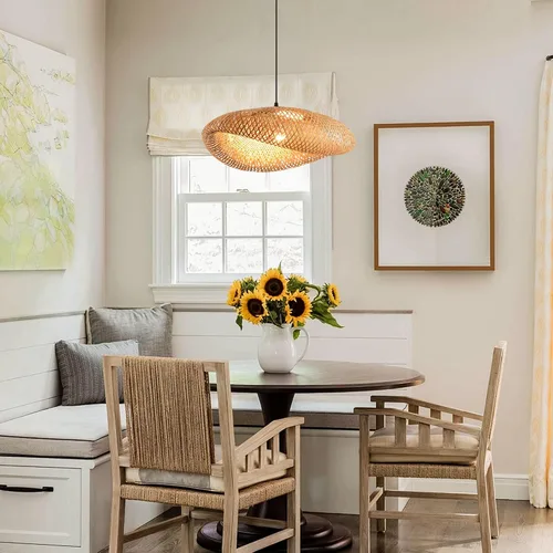 Vista 9 de lámpara colgante de bambú de 19.7 pulgadas estilo granja con enrejado de ratán para comedor, luces boho, accesorio de iluminación para isla
