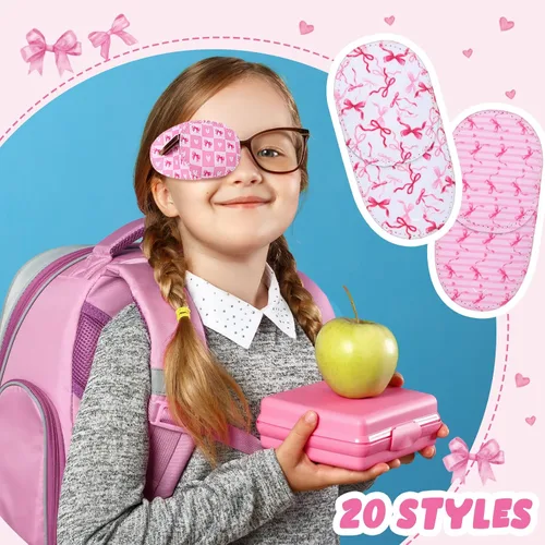 Vista 2 de Kingdder 20 parches de ojos rosas para niños pequeños para lentes izquierdo o derecho, reutilizable, ajustable, lazo de estilo rosa para niñas