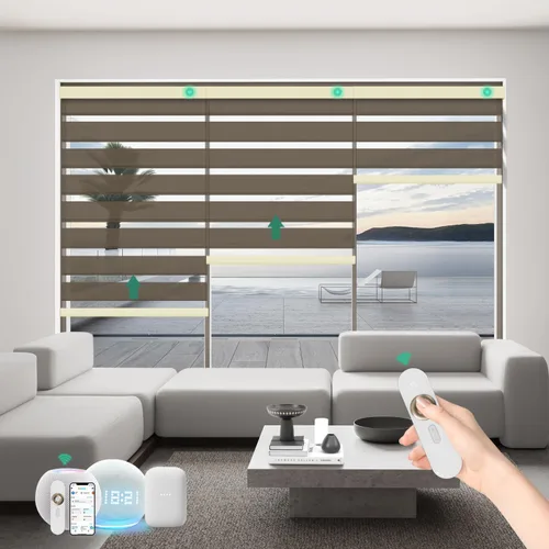 Vista 19 de Persianas motorizadas de cebra con control remoto, funcionan con HomeKit Alexa, cortinas eléctricas automáticas para ventanas, 60% opacas, filtro