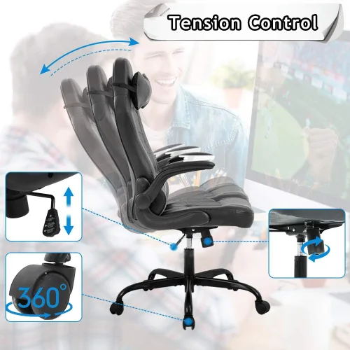 Vista 7 de Silla de oficina ergonómica de piel sintética con reposacabezas y reposacabezas para juegos de masaje, silla de oficina de carreras de PC, silla Gris