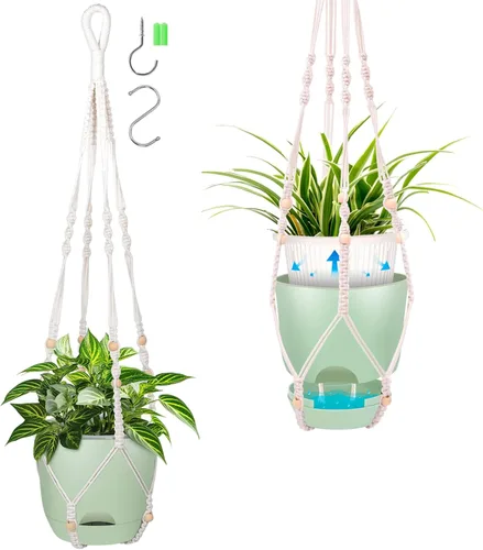 Vista 15 de Paquete de 2 macetas colgantes de riego automático de 7.2 pulgadas para plantas de interior y exterior, macetas colgantes de macramé de 34 pulgadas