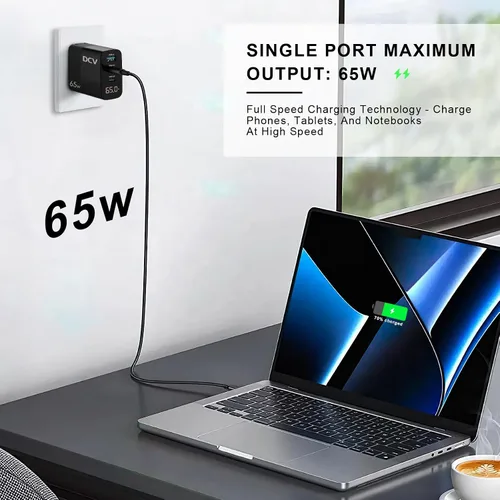 Vista 2 de DCV Cargador USB C de 65 W con cable C a C de 6.6 pies, bloque de carga rápida de 3 puertos con pantalla digital LED, cargador de pared plegable