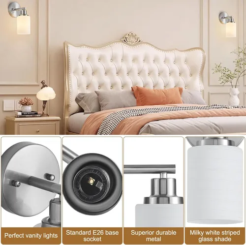 Vista 3 de Paquete de 2 luces de tocador de 1 luz, lámpara de baño de níquel cepillado con pantalla de vidrio blanco lechoso texturizado, accesorio