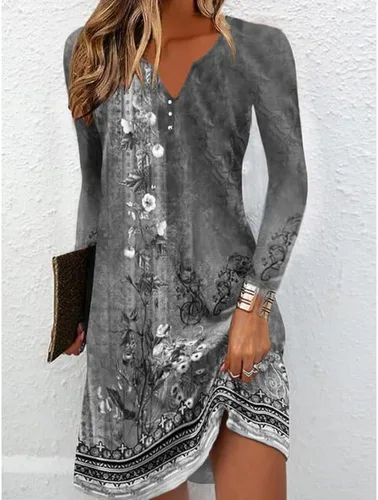 Vista 2 de Akivide Vestido tipo camiseta de manga larga con cuello en V y estampado floral bohemio para mujer, vestido étnico de vacaciones, longitud hasta