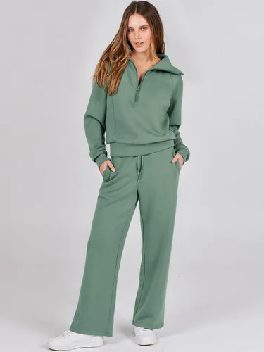 Vista 2 de Traje de 2 piezas para mujer, manga larga, solapa con cremallera de 14, sudadera y pantalones de pierna ancha