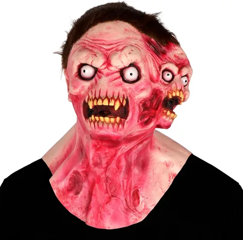 Vista 5 de Pigmiss Máscara de zombi aterradora de cabeza completa de látex realista de demonio, máscara divertida de doble cabeza espeluznante de boca abierta