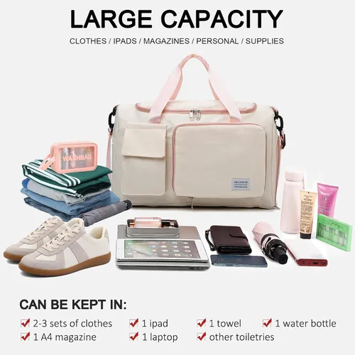 Vista 38 de Pequeña bolsa de gimnasio para mujer, bolsa de viaje con compartimento para zapatos