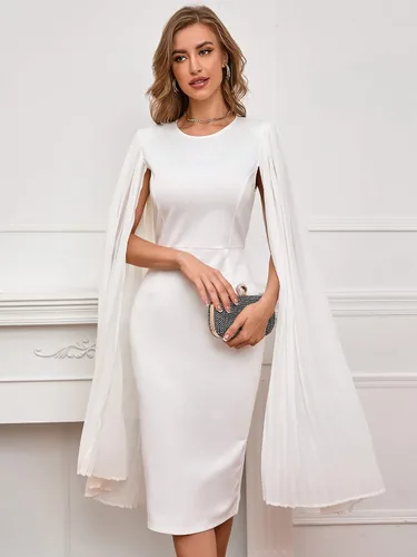 Vista 6 de IWFEV Vestido midi sin mangas liso de manga larga con cuello redondo y patchwork a media pierna para mujer