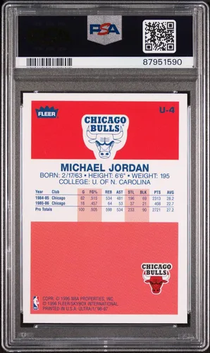 Vista 2 de Reprint de tarjeta de baloncesto rookie de la Década de excelencia de Michael Jordan Fleer Ultra de 1996 #U4 calificada PSA 9 Mint