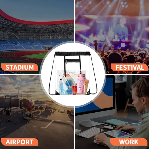 Vista 4 de NATURAL STYLE Paquete de 2 bolsas transparentes con cordón aprobadas para estadios, bolsas transparentes de PVC con cordón, mochila transparente