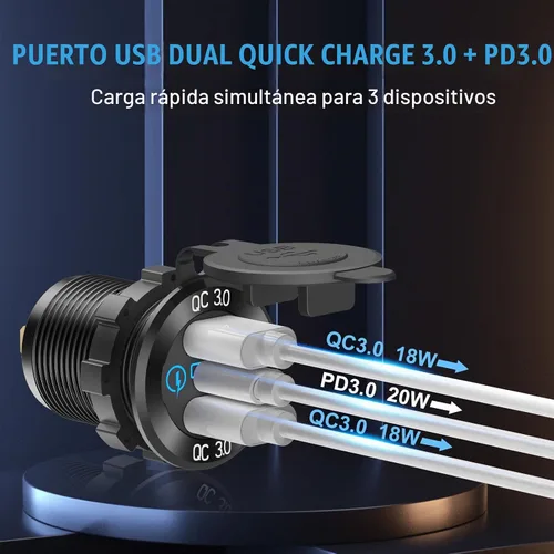 Vista 2 de Cargador de aluminio USB de 12 V PD 3.0 tipo C y doble carga rápida 3.0 puerto USB múltiple impermeable de 12 V/24 V USB con interruptor táctil, kit