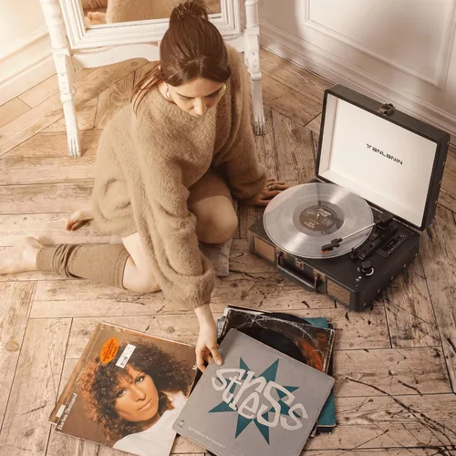 Vista 14 de Reproductor de discos de vinilo con altavoces integrados, tocadiscos de entrada Bluetooth de 3 velocidades, grabación y reproducción USB/TF