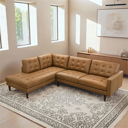 Vista 2 de ASHCROFT Lucille - Sofá modular esquinero de cuero moderno para sala de estar, color marrón coñac