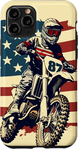 Vista 27 de Funda vintage para iPhone 16 Motocross Rider Dirt Bike con bandera estadounidense