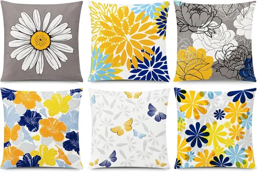 Vista 11 de COMMINY Juego de 6 fundas de almohada decorativas de 16 x 16 pulgadas / 16.0 x 16.0 in., diseño de margaritas y margaritas para sofá, moderna funda