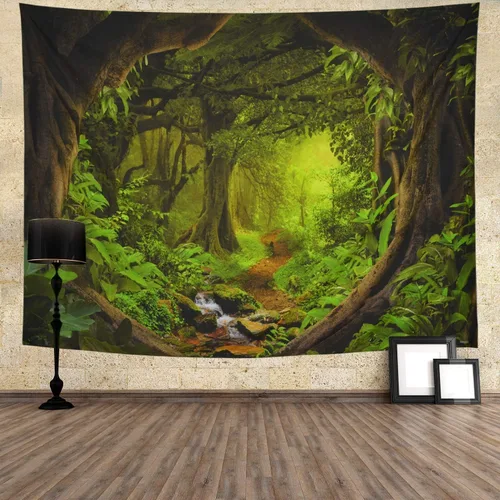 Vista 4 de Tapiz de bosque brumoso, árbol de la vida, tapiz de fantasía, paisaje, naturaleza, decoración de pared, selva tropical, selva, bosque, tapiz
