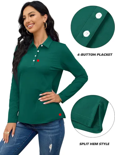 Vista 5 de TACVASEN Polo de golf para mujer, camiseta de manga larga, UPF 50+, secado rápido, 4 botones, rendimiento de tenis, ejercicio