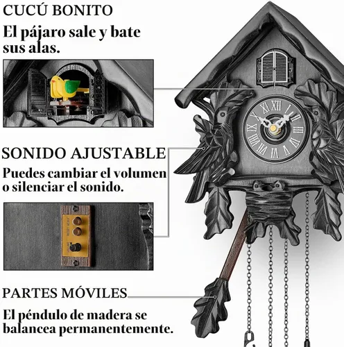 Vista 3 de TIMEGEAR Reloj de cuco con modo nocturno, pájaro cantante, decoraciones de madera y péndulo oscilante Negro