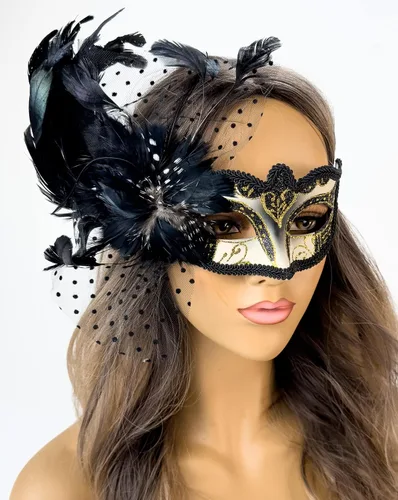 Vista 2 de Elegante máscara de plumas para mascarada, Mardi Gras, máscaras burlesque para mujer, disfraz de plumas, máscaras venecianas