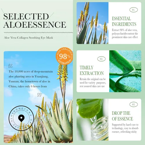 Vista 3 de AKARY Parches de aloe vera para ojeras, ojos hinchados y arrugas, 98% esencia de aloe y colágeno con infusión de colágeno, cuidado suavizante