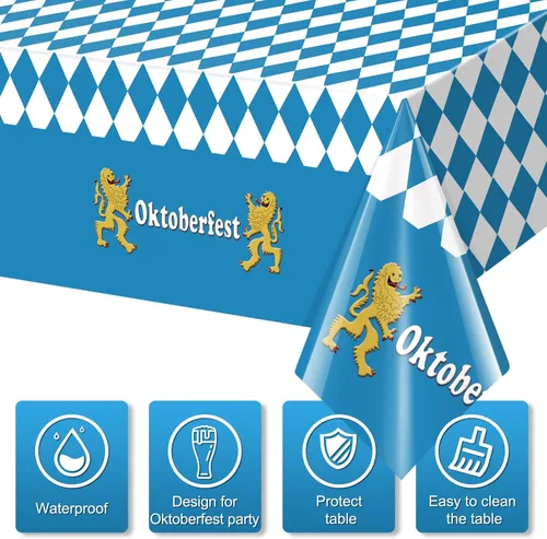 Vista 3 de 1 Pack Bavarian Oktoberfest Disposable Tablecloth Decorations, Plastic Rectangle Blue and White Bavarian Flag Check Table Cover, Oktoberfest