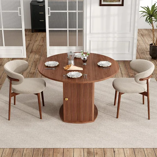 Vista 7 de Mesa de comedor redonda para 4-6 personas, mesa de cocina de granja de 47.24 pulgadas con base acanalada con patrón de ondas, juego de mesa