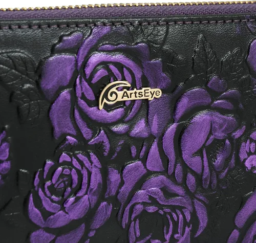 Vista 8 de ArtsEye Rose - Cartera de piel auténtica con cremallera larga