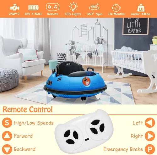 Vista 4 de Coche de parachoques eléctrico para niños de 12 V con control remoto, giro Azul